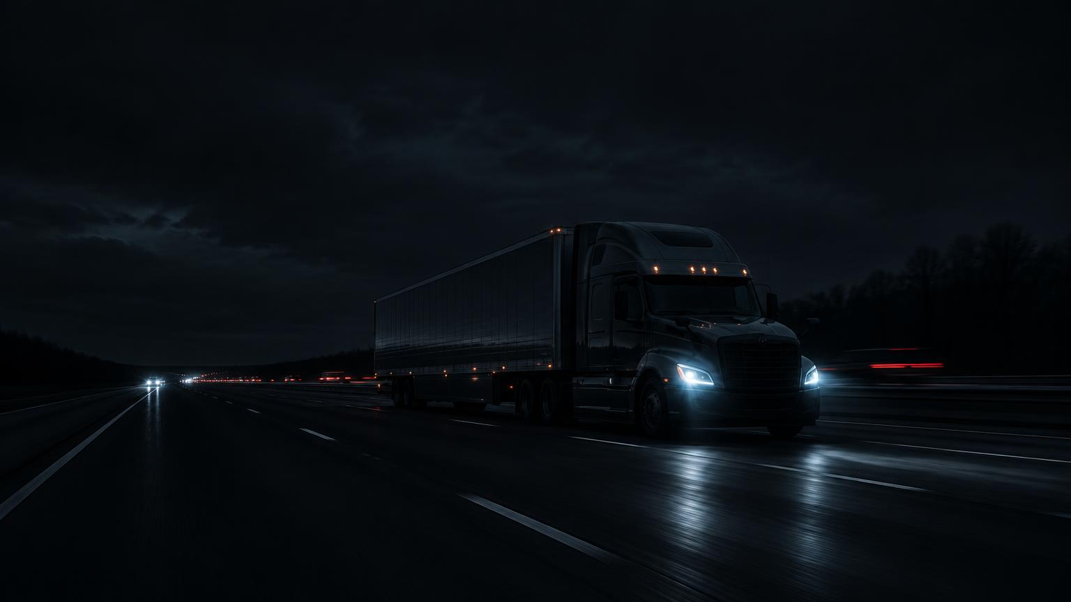 Semi truck driving on a dark interstate highway at night with headlights glowing